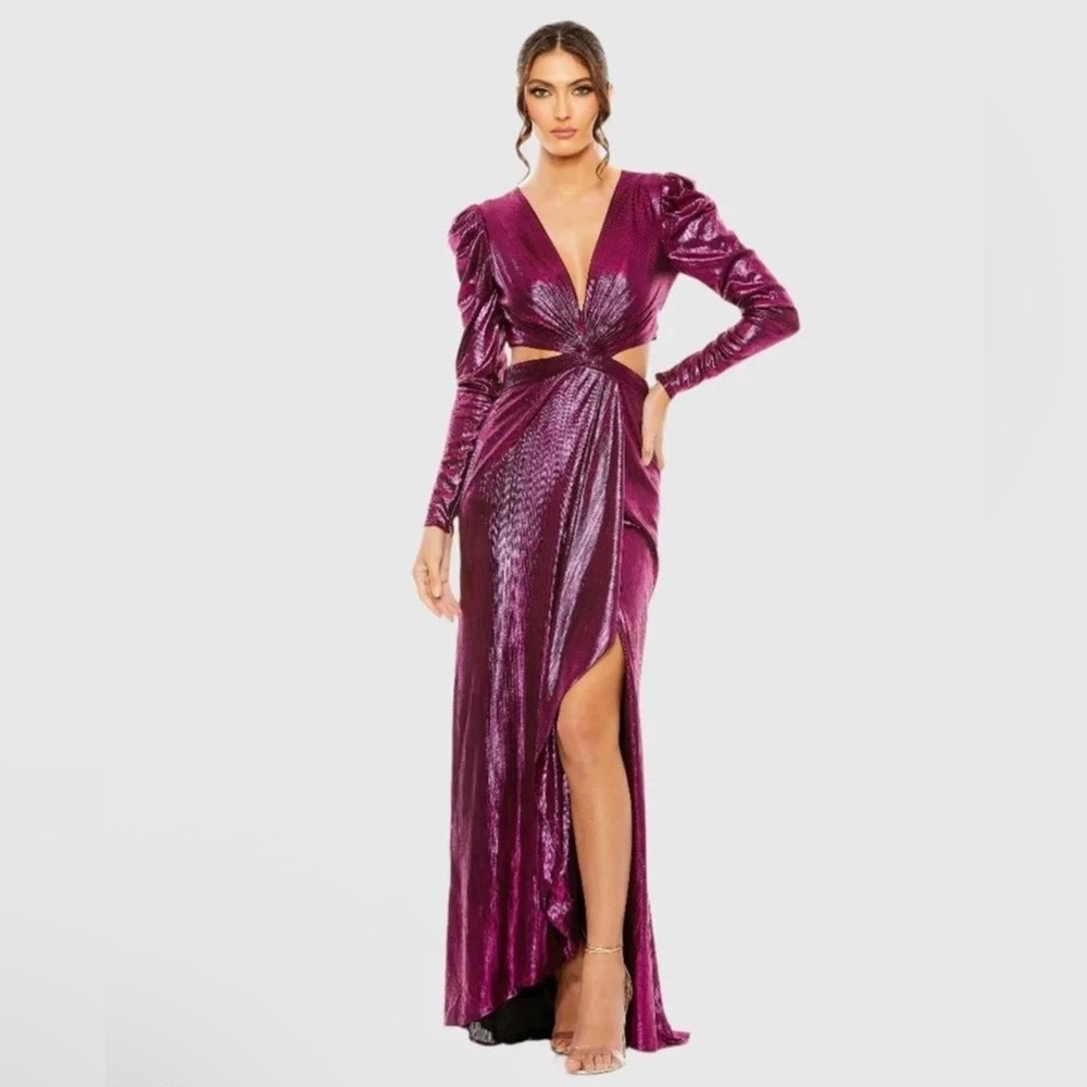 Size 4 Ieena for Mac Duggal Fuchsia Metallic Gown Cutouts and High-Low Hem NWT
